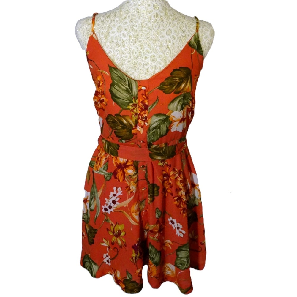 Lulus Floral Print Orange Spaghetti Strap V Neck Button Front Mini Dress
